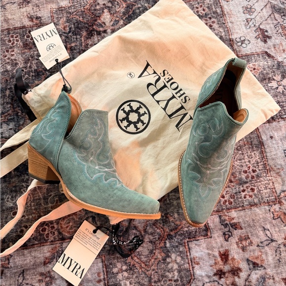 Myra Bag Shoes - Myra Bag Turquoise Embroidered Ankle Booties